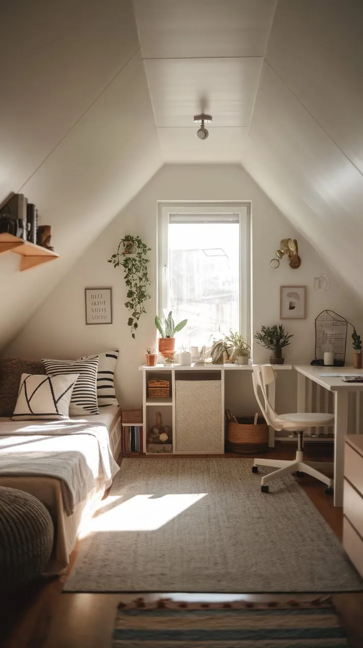 This beautifully arranged attic apartment exudes warmth and tranquility, making it the perfect retreat for creativity and relaxation.