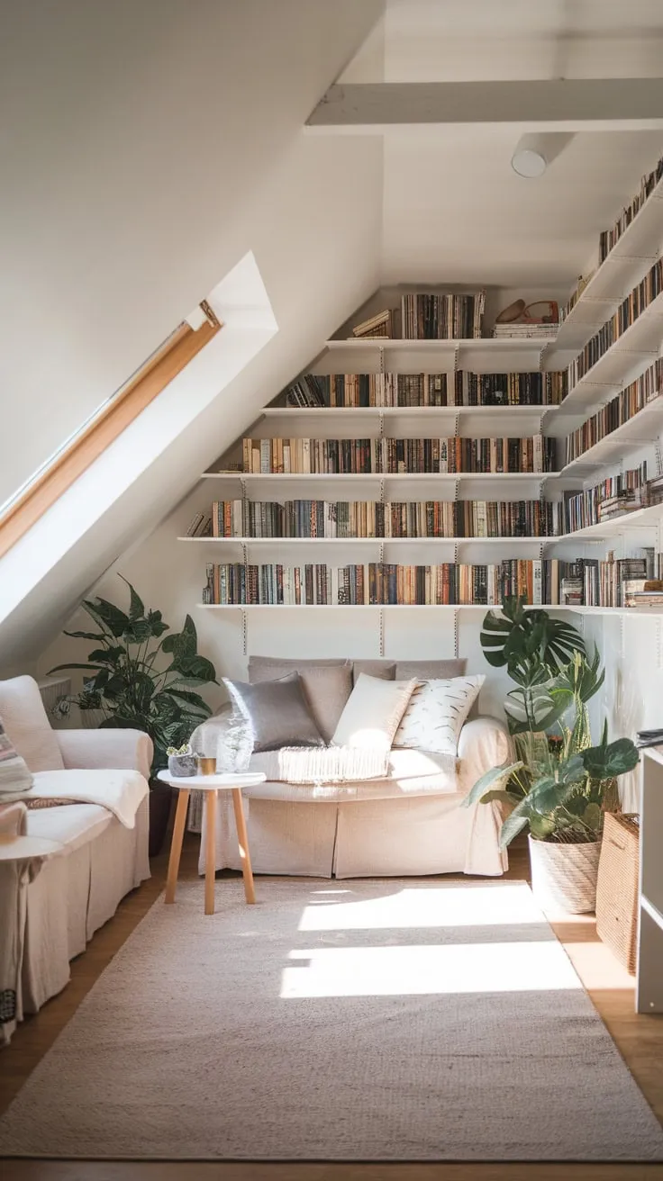 Sunlight spills through the dormer windows of the attic apartment, painting the exposed beams in a honeyed glow, beckoning you to lose yourself in the pages of a well-loved novel within its quietly elegant embrace.