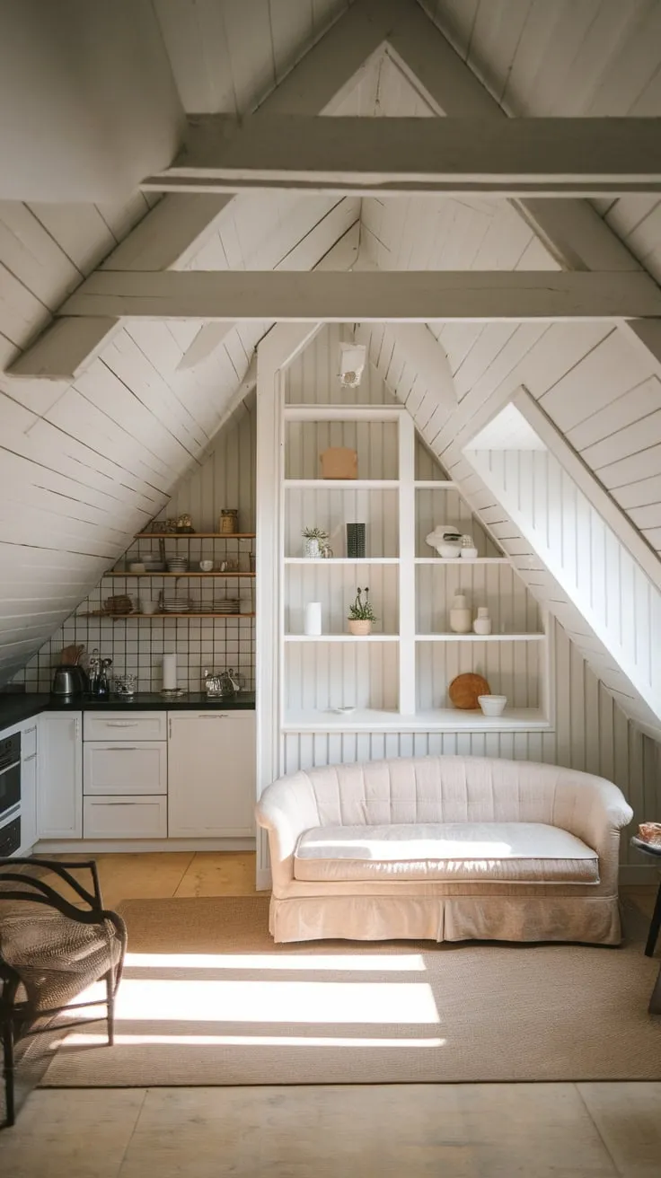 Step into your attic apartment, a beautifully crafted space where charm radiates from every corner. The neutral palette and ingenious layout conspire to create an inviting retreat, a secret world nestled within the familiar embrace of your home.