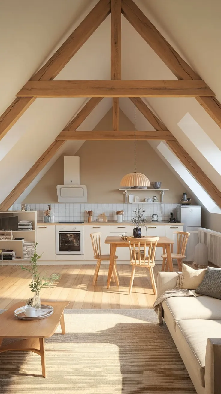 Imagine stepping into an attic apartment where exposed wooden beams whisper stories of the building's past, while a calming neutral palette embraces you in a cocoon of comfort and effortless style.