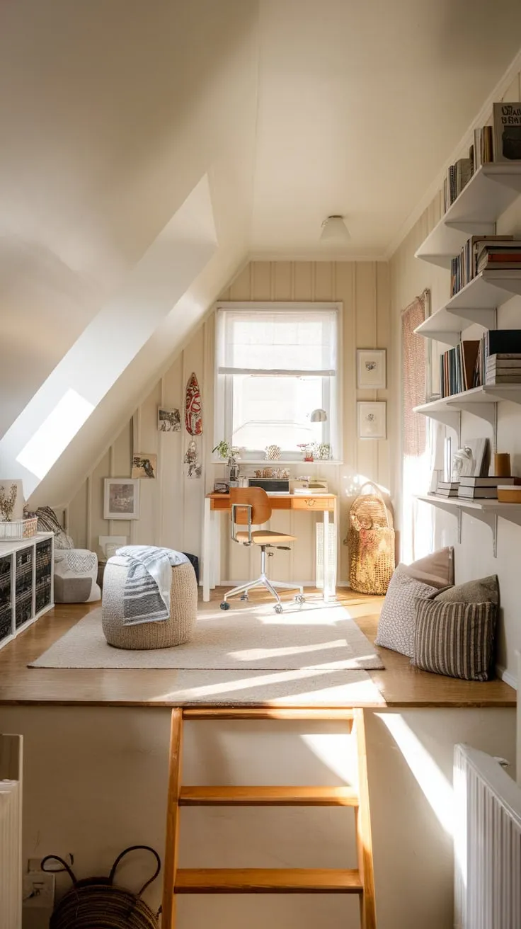 Sunlight spills through the dormer windows of this attic apartment, wrapping you in a warm embrace and whispering promises of relaxation amidst its artfully arranged treasures and invitingly snug atmosphere.