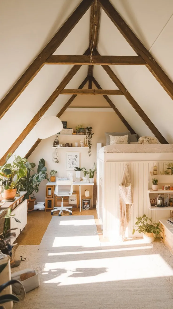 Step into your attic sanctuary, where the whisper of history in the rustic architecture harmonizes with the clean lines of contemporary design, enveloping you in a comforting embrace punctuated by the stories you've woven into the space and the verdant flourish of thriving plants.