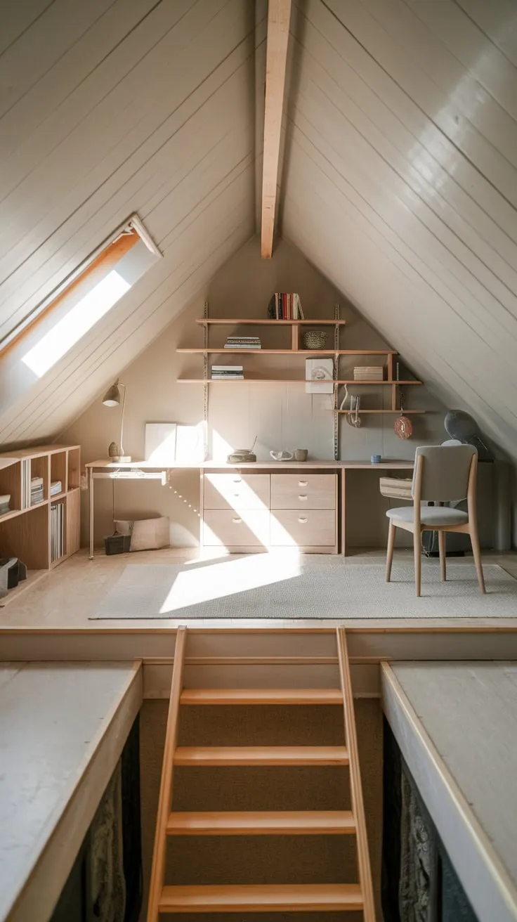 Step inside this enchanting attic apartment, where the honeyed glow of wood embraces you and furniture whispers of careful design, beckoning you to shed the day and sink into a haven of serene style.
