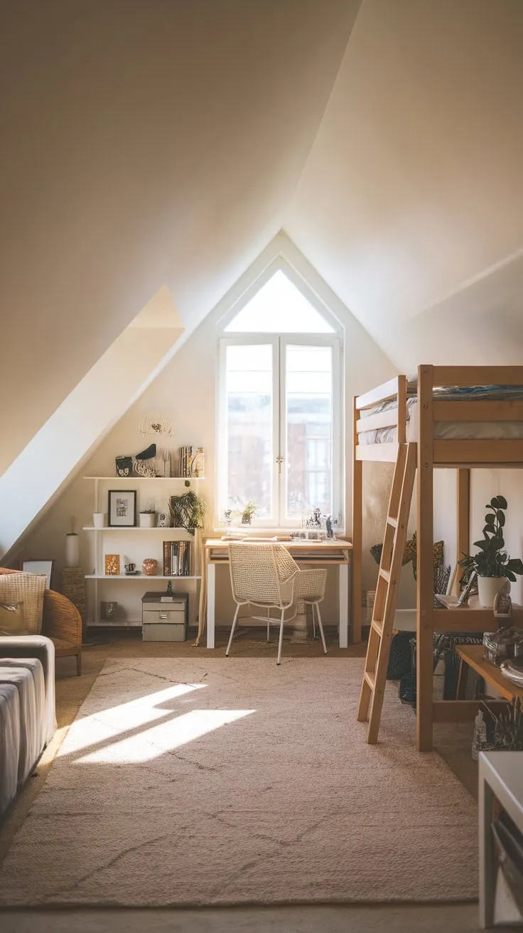 Step into your attic sanctuary, where comfort and practicality dance together, wrapping you in an inviting embrace that manages to be both breathtakingly open and intimately yours.