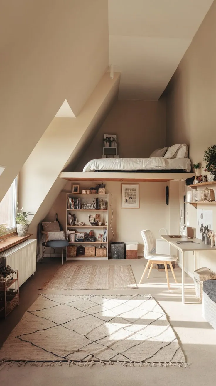 Sunlight streams through the dormer windows of this exquisitely designed attic apartment, bathing the exposed beams in a golden glow that invites you to unwind and unlock your inner muse.