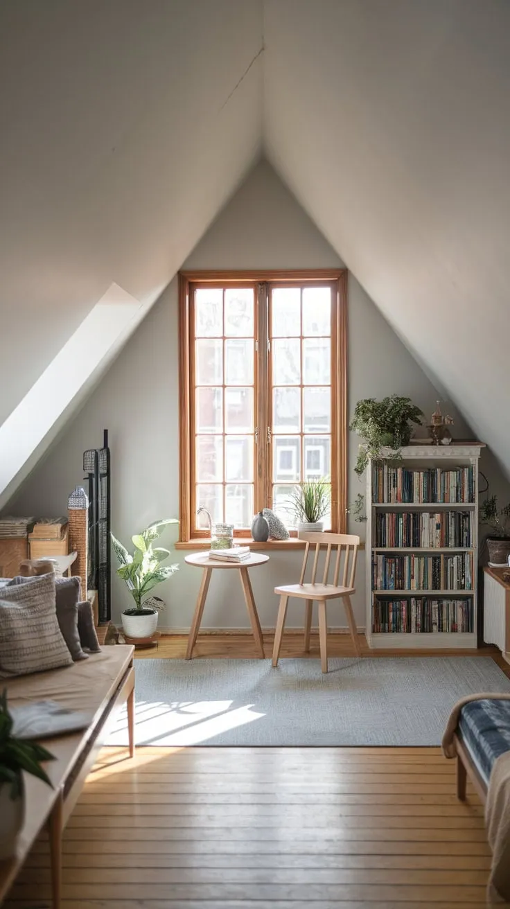 Step into your attic sanctuary, where a sense of calm washes over you; the simple lines of the space are elevated by carefully chosen details, creating an atmosphere that is both invitingly cozy and undeniably chic.