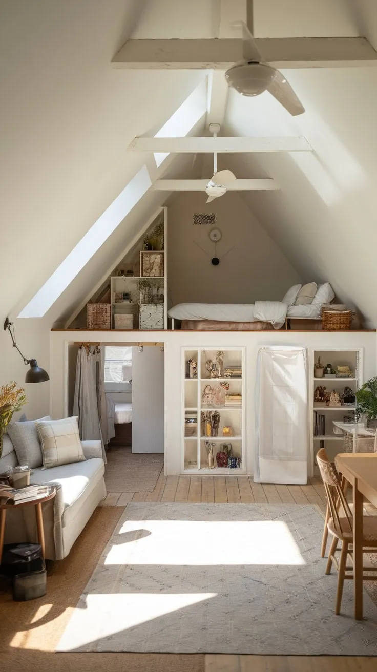 This beautifully designed attic apartment perfectly blends comfort and style, making the most of its space with a cozy loft and inviting living area.