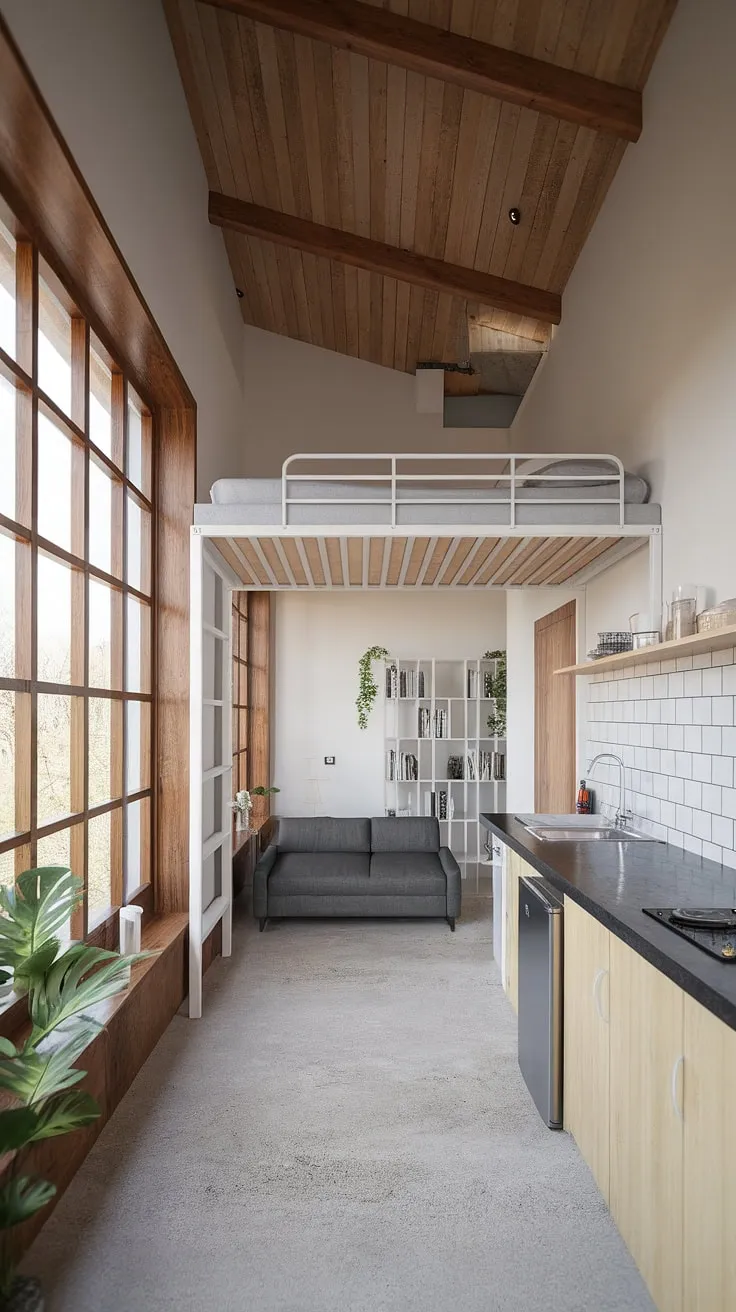 This attic conversion is a testament to the beauty of attic living space.  The modern attic design of this cozy apartment, with its loft bed and efficient kitchen, showcases the potential of a studio apartment.  As a rooftop apartment alternative, this urban loft offers a unique blend of small space living and stylish design, making it the perfect penthouse-esque retreat.