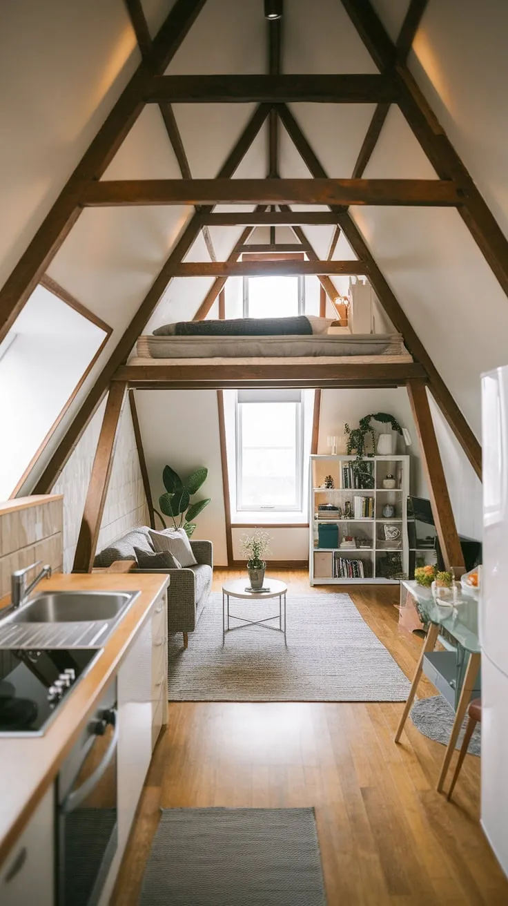 Experience the magic of attic living in this modern attic, a stunning example of an attic conversion.  This open concept apartment seamlessly blends rustic beams with contemporary design, creating a cozy and stylish loft.  Perfect for small space living, this rooftop apartment (or at least it feels like one!) offers the unique appeal of a studio apartment with the added luxury of a loft area.