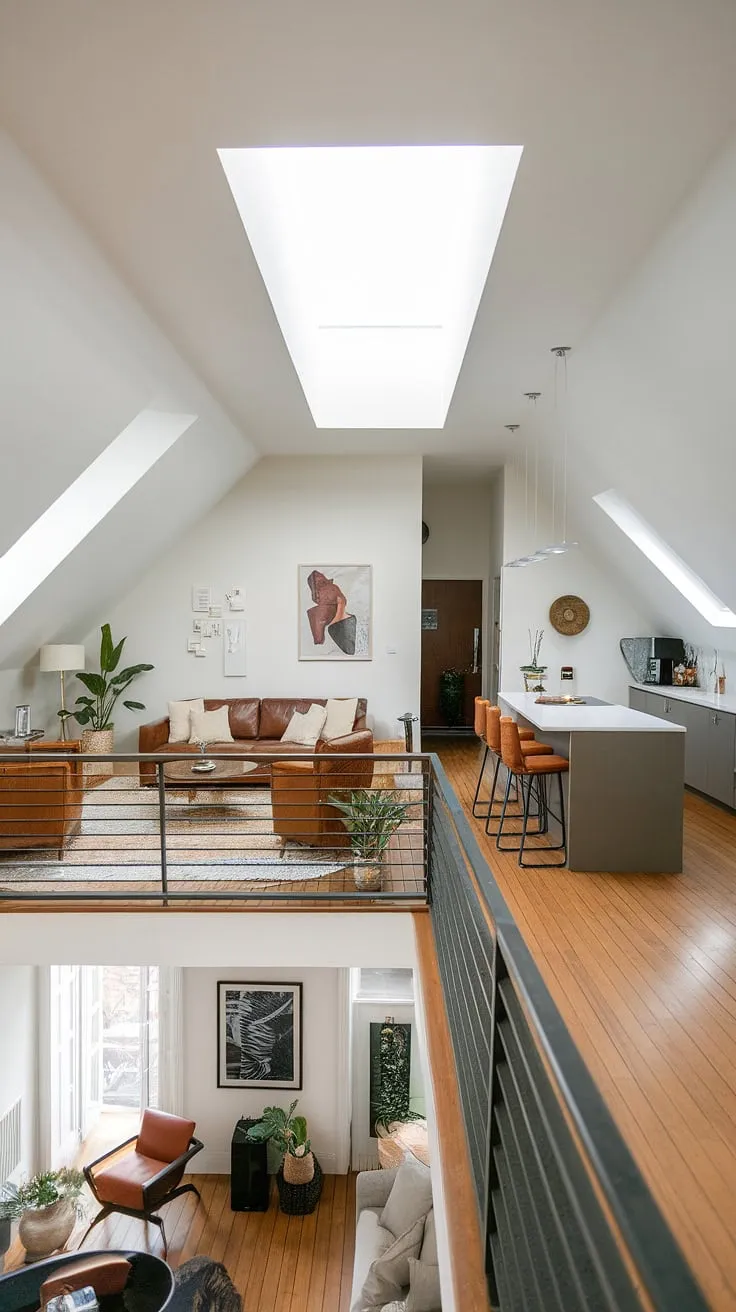 This top floor apartment, a stunning example of an attic conversion, boasts a breathtaking urban loft design.  The open concept layout maximizes space in this cozy apartment, while the rooftop apartment views (imagined) add to the penthouse appeal.  This small space living solution is a testament to the beauty of a modern attic and the possibilities of a studio apartment transformed.