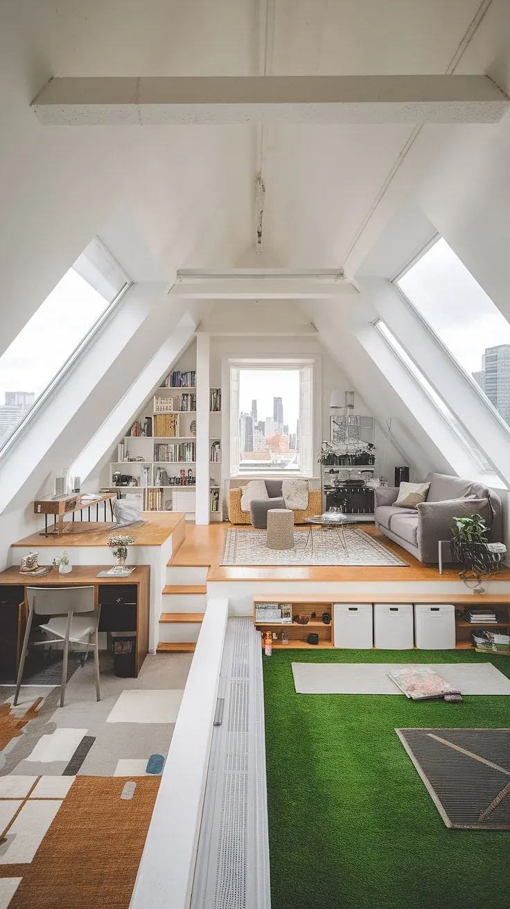 This converted attic boasts the best of both worlds: a cozy, stylish loft apartment with a breathtaking rooftop penthouse offering panoramic city views.  The open-concept design maximizes space in this small space living marvel, showcasing the perfect blend of modern attic design and urban loft living.  From the loft bed with its built-in desk to the comfortable seating area, this top floor apartment is a testament to creative attic living space.