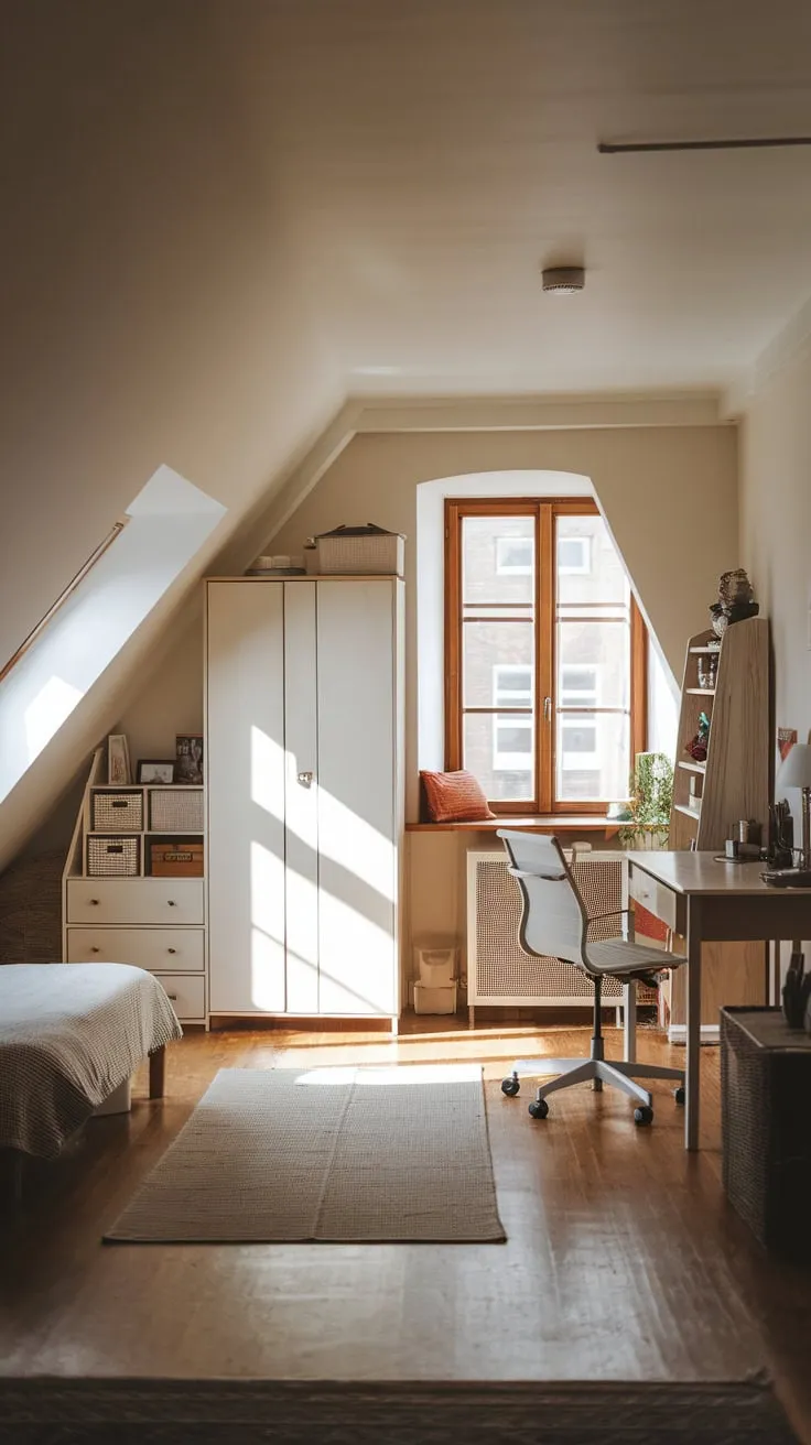 Step into this artfully curated attic space, where every detail whispers of cozy serenity, inviting you to shed the day's burdens and unlock the wellspring of your creative spirit.