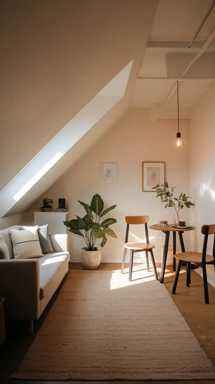 Step into this charming attic apartment, where the air hums with a quiet energy, a blank canvas of warmth and simplicity beckoning you to shed the day's burdens and rediscover the joy of creating.
