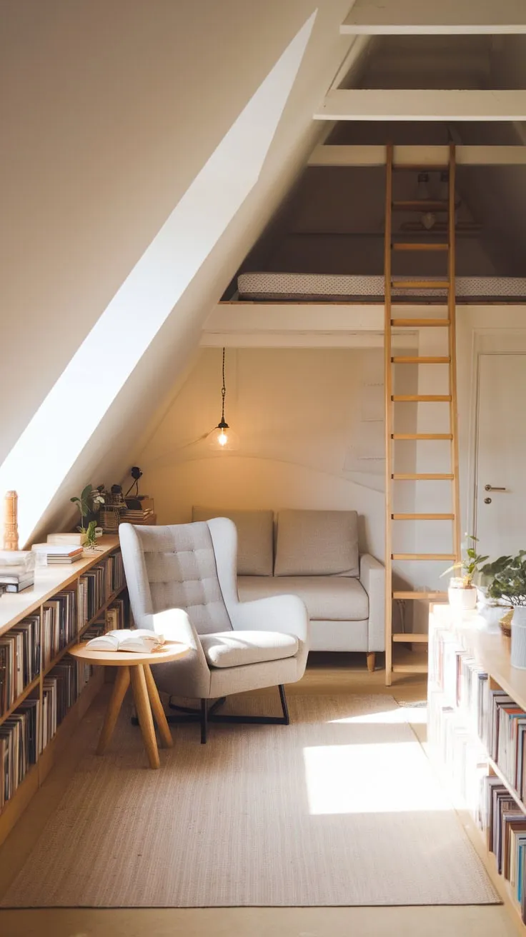 Sunlight streams through the dormer windows of this attic apartment, painting the exposed brick in a honeyed glow that practically begs you to sink into the plush cushions of the reading nook, a steaming mug warming your hands as you lose yourself in the pages of a captivating novel.