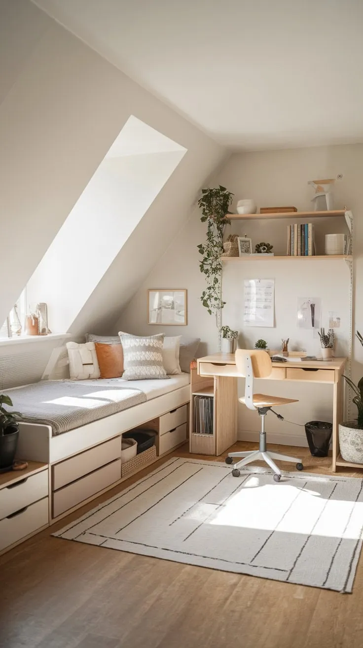 Sunlight streams through the dormer windows of your attic apartment, a testament to thoughtful design where comfort and practicality dance together, maximizing every inch with ingenious storage solutions and a calming, cloud-like atmosphere.