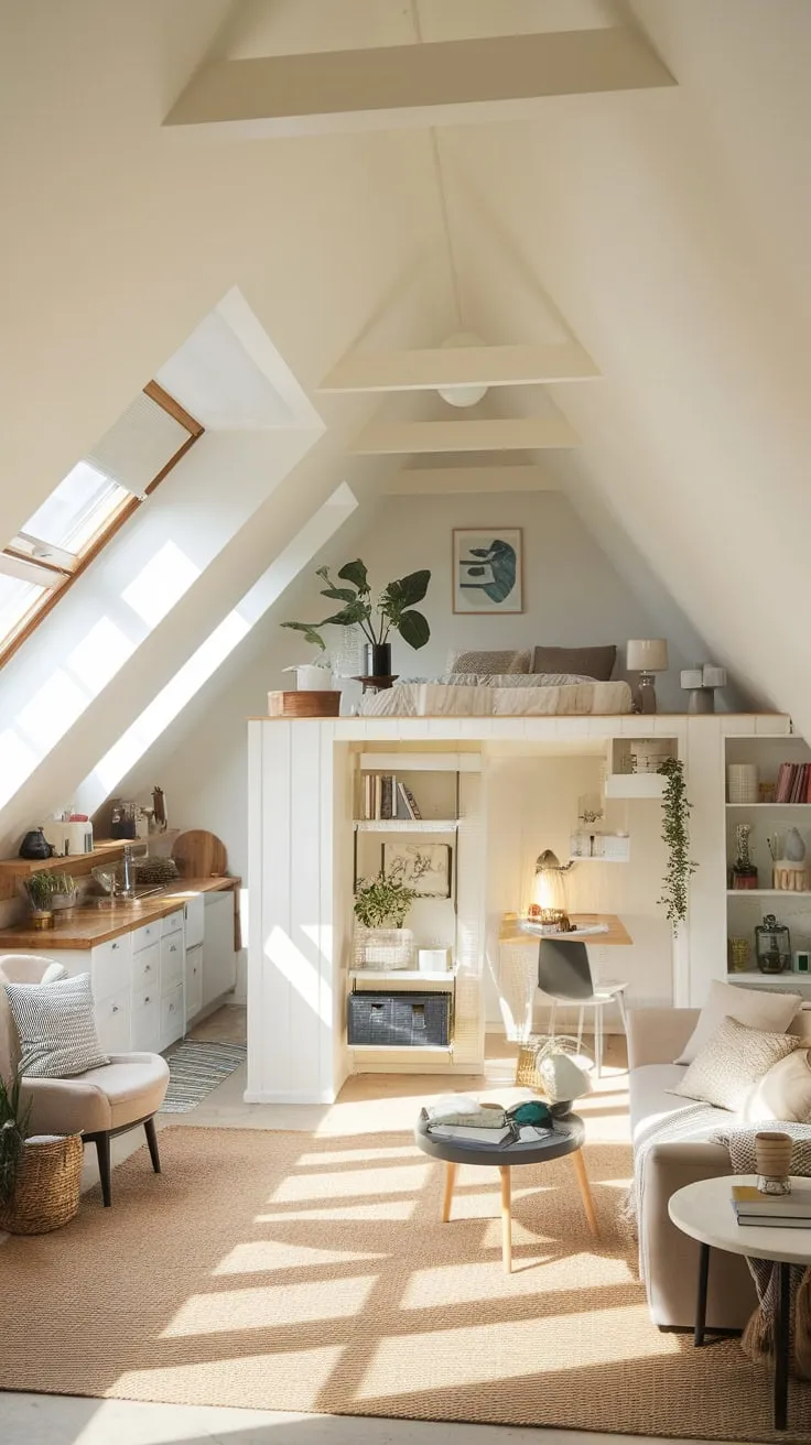 Sunlight spills across the exposed beams of your attic apartment, a haven where curated comfort meets effortless style, wrapping you in a spacious intimacy that feels like a warm embrace.