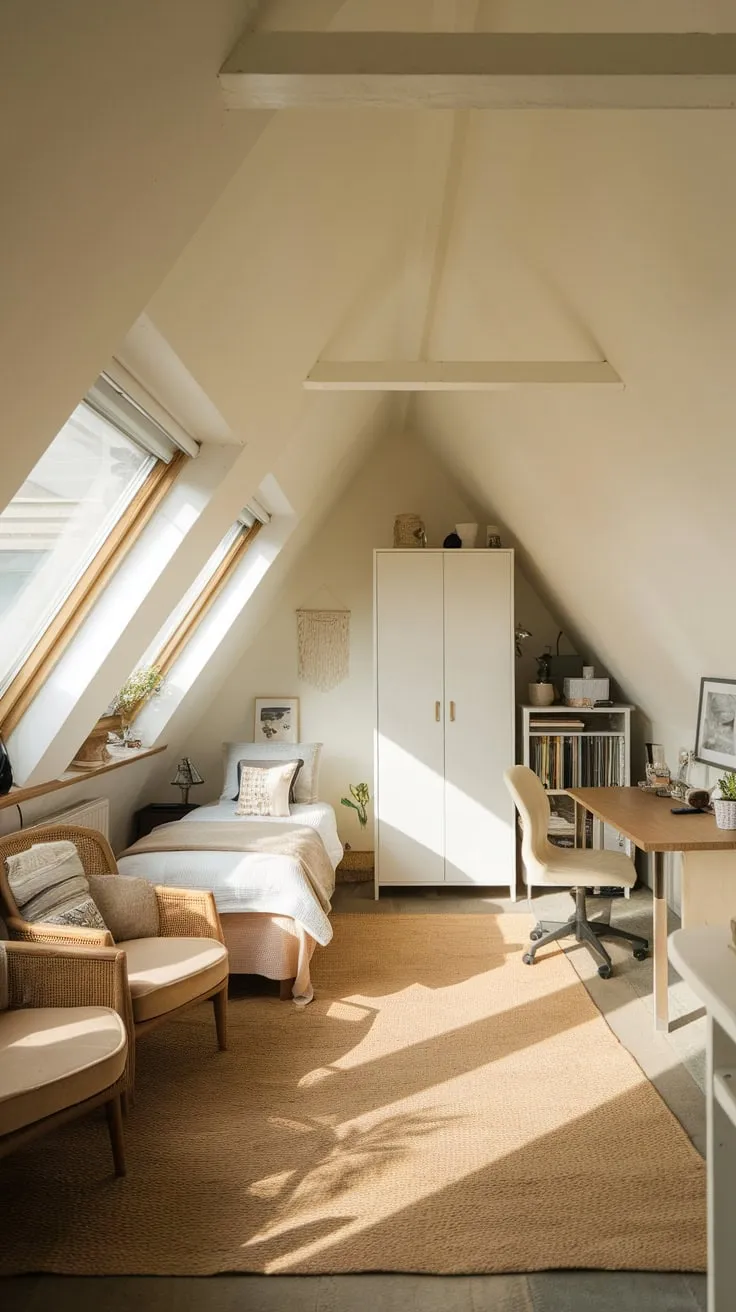 This attic apartment exudes warmth and simplicity, making it the perfect retreat for those seeking a cozy and functional living space.