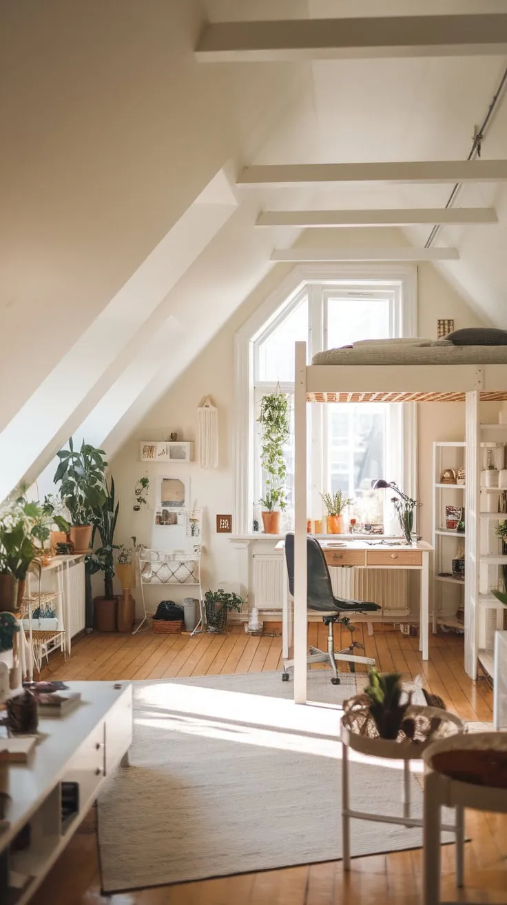 Sunlight spills through the dormer windows of your attic apartment, bathing the minimalist space in a warm, tranquil glow that instantly soothes your soul.