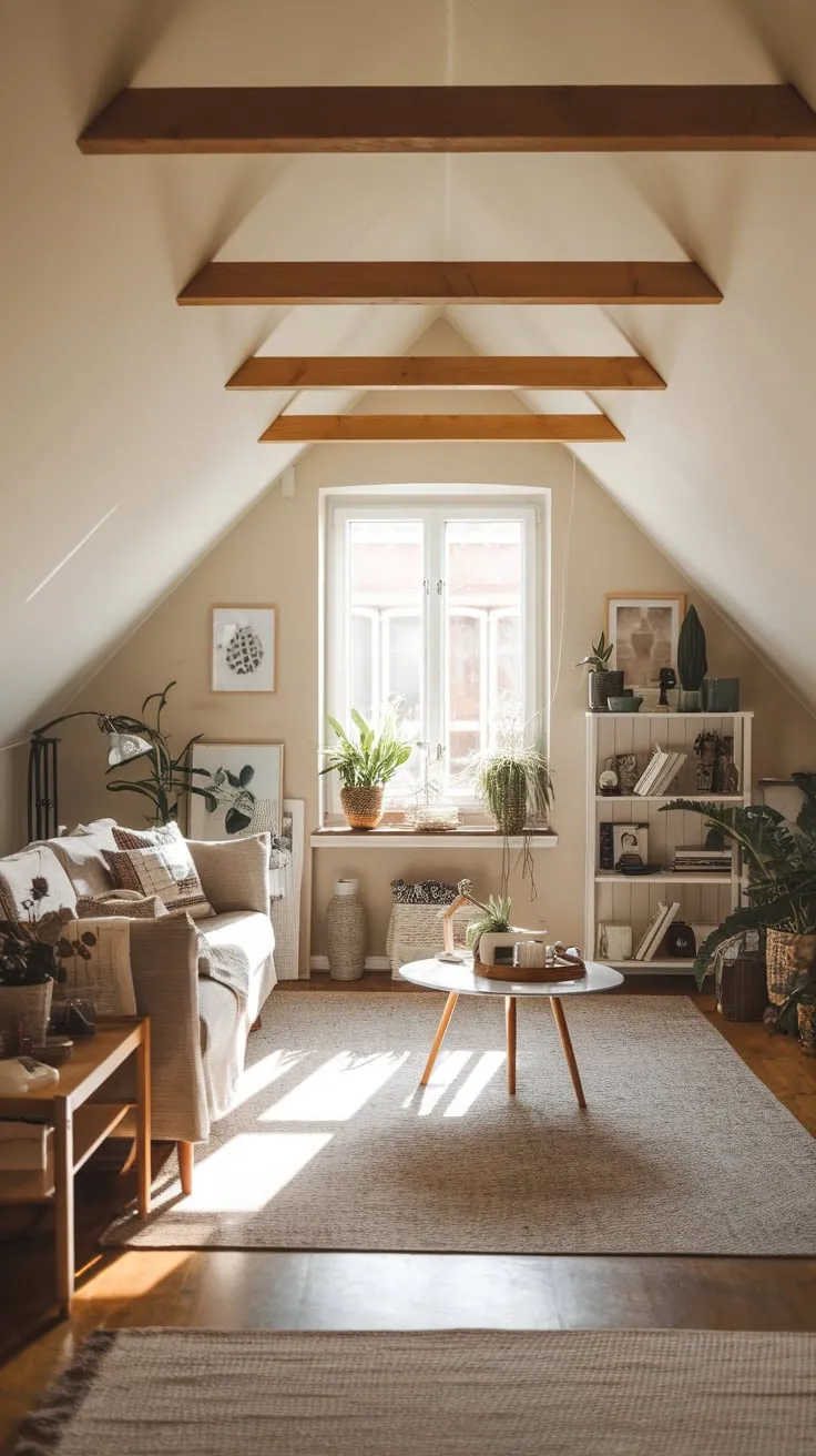 Ascend the stairs and discover your attic sanctuary, where the marriage of comfort and style unfolds before you; imagine sinking into the plush cushions, surrounded by the rustic charm of exposed wooden beams and the artful arrangement of decor, creating an inviting haven just for you.