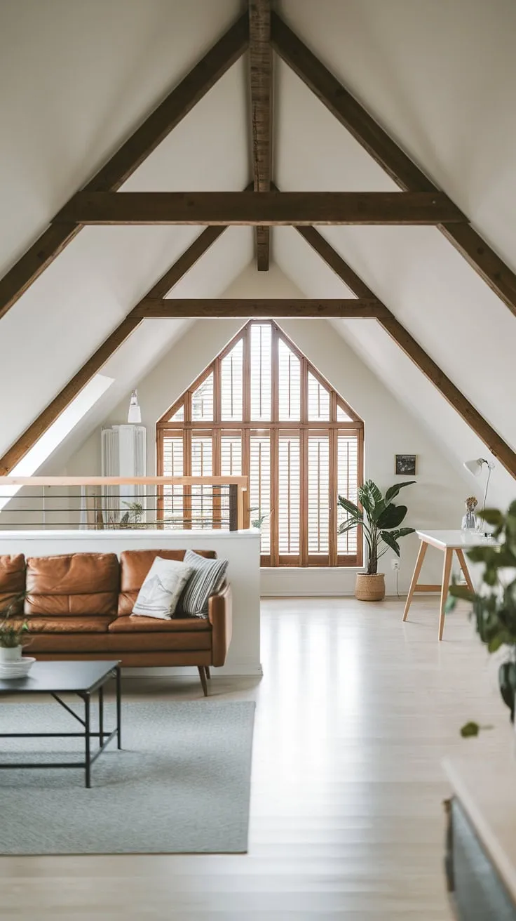 This converted attic boasts the best of attic living space: a stylish loft bedroom overlooking a cozy apartment, perfect for small space living.  The open concept apartment design maximizes natural light flooding in from the large window, creating a modern attic feel that's anything but cramped. This urban loft, a true penthouse in its own right, offers the ultimate top floor apartment experience.