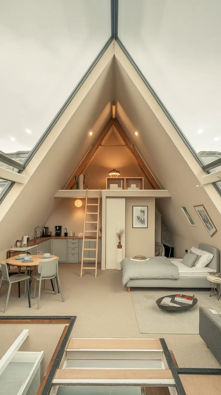 Discover the allure of this cozy apartment, a stunning attic conversion showcasing the best of modern attic design.  This open concept apartment, perched on the top floor, offers breathtaking views and the ultimate in rooftop apartment living.  The small space living is maximized with clever design, featuring a queen-size bed, kitchenette, and dining area, all within this light-filled converted attic.  A ladder ascends to a loft, creating a perfect workspace in this urban loft and penthouse-like studio apartment.