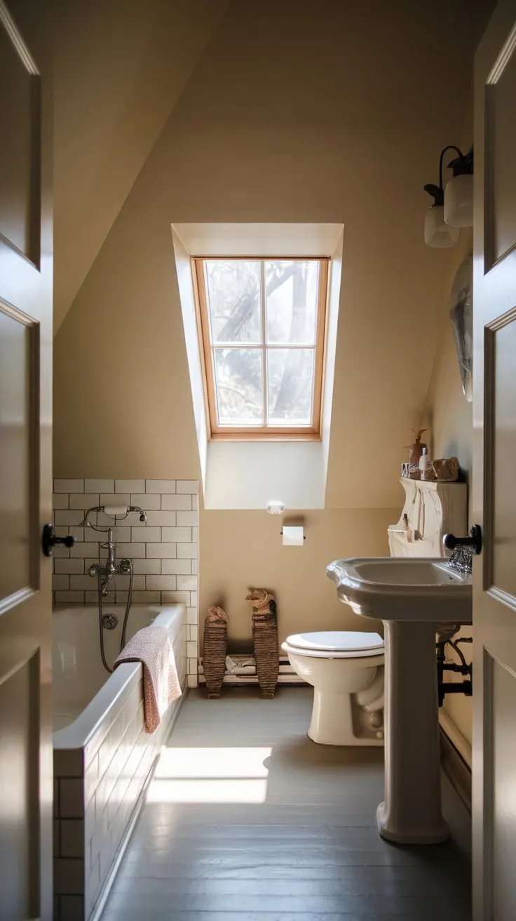 Imagine stepping into your attic bathroom, where the charmingly angled ceiling embraces you, and the seamless fusion of luxurious comfort and sophisticated style washes over you, instantly melting away stress and inviting you to sink into blissful relaxation.