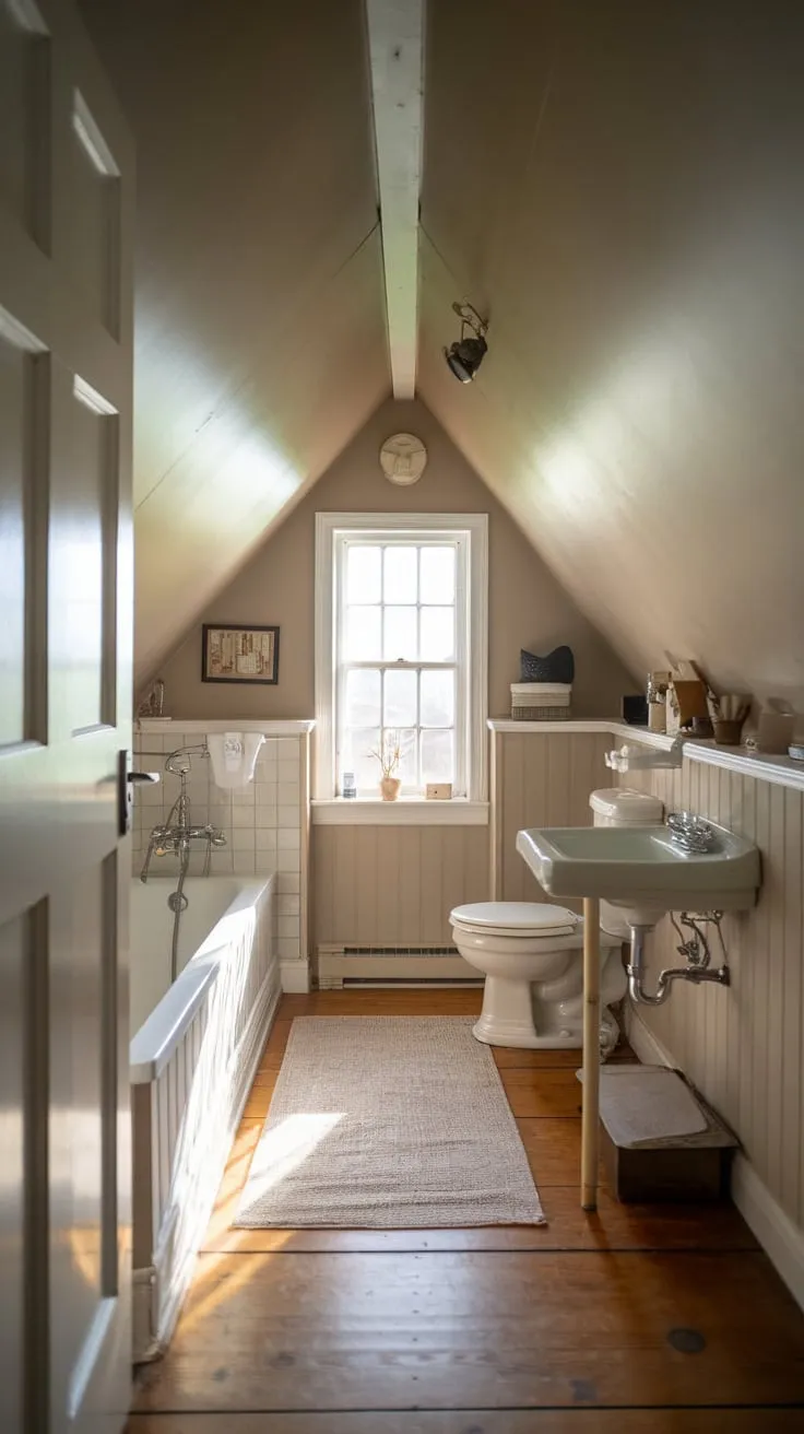 This attic bathroom with a slanted ceiling perfectly blends comfort and style, creating a serene retreat that invites relaxation.