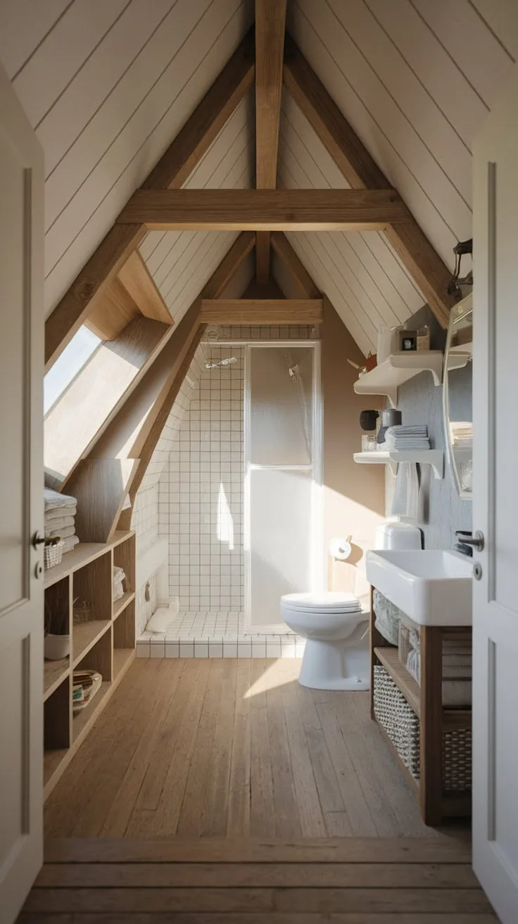Imagine stepping into an attic bathroom where the sloping ceiling whispers of hidden stories. Here, functionality doesn't sacrifice style; instead, it embraces the space's quirks. Warm wood tones and a place for everything create an inviting atmosphere, proving that even the most unusual spaces can be both beautiful and brilliantly organized.