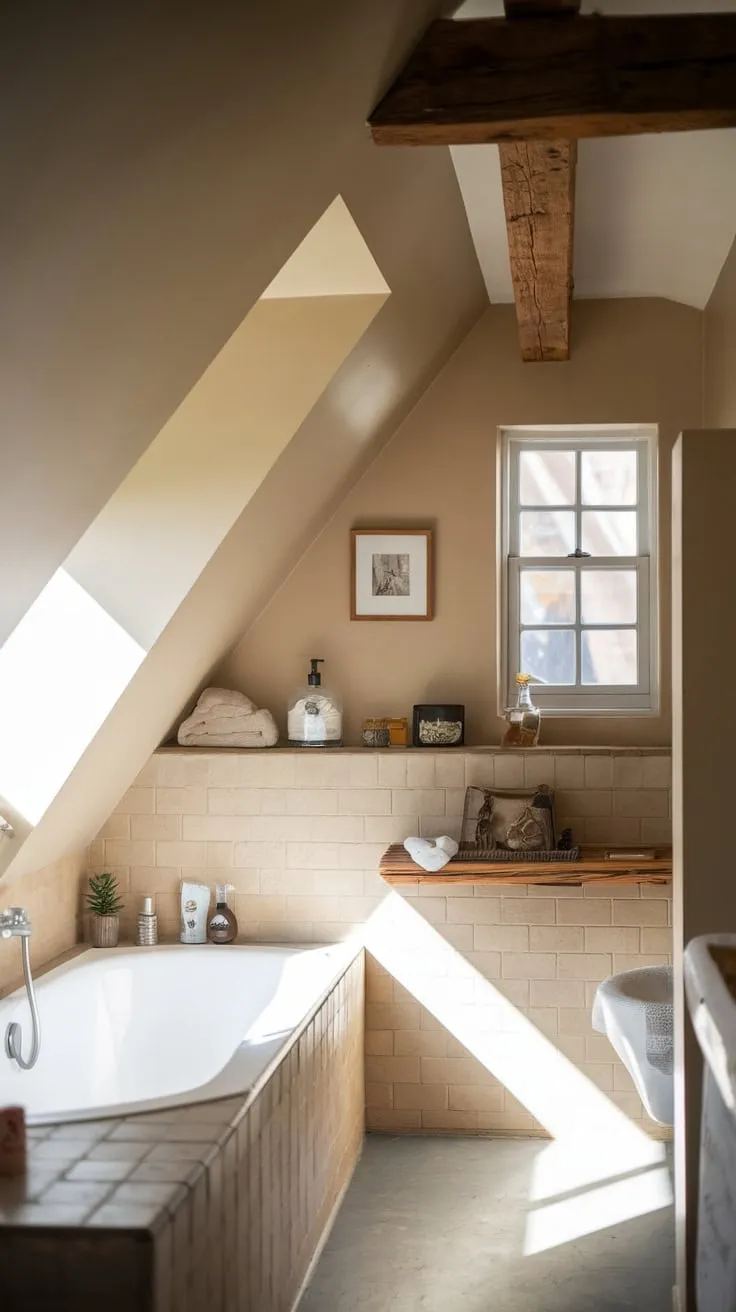 Sunlight streams through the skylight of your attic bathroom, where the sloping ceiling whispers of cozy history, yet clean lines and minimalist fixtures offer a refreshing, modern counterpoint, inviting you to unwind in its tranquil embrace.