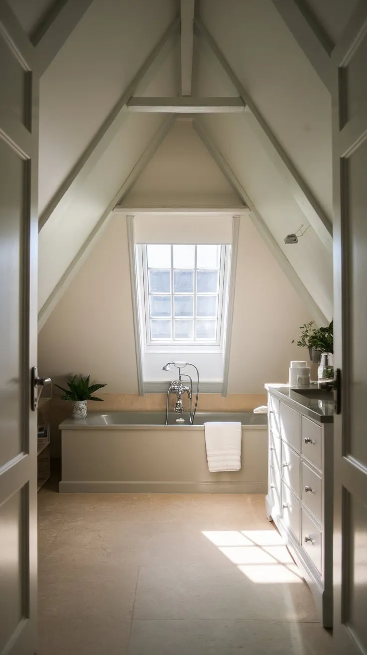 Beneath the eaves, you'll discover a bathroom where simplicity dances with elegance, a tranquil haven sculpted by the sloping ceiling, maximizing both style and space to create your own personal sanctuary.