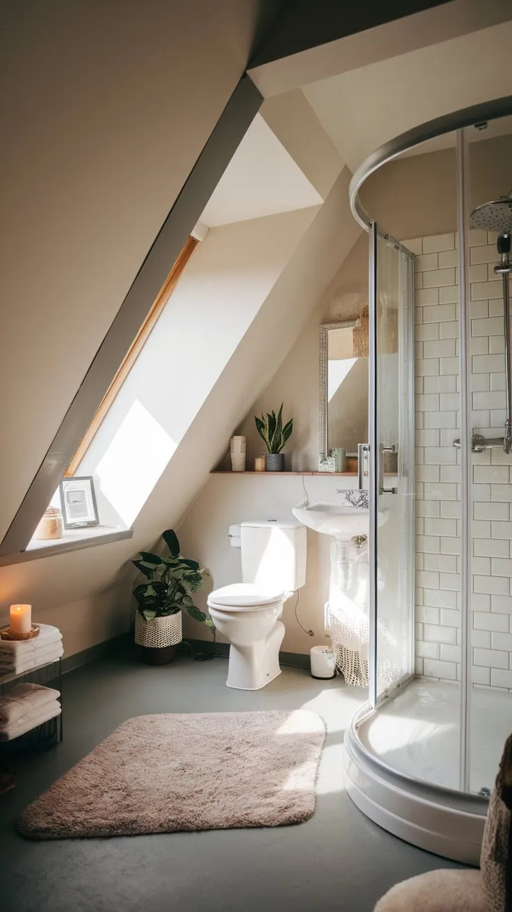 This charming attic bathroom with a slanted ceiling perfectly blends functionality and style, creating a serene retreat with its neutral palette and thoughtful decor.