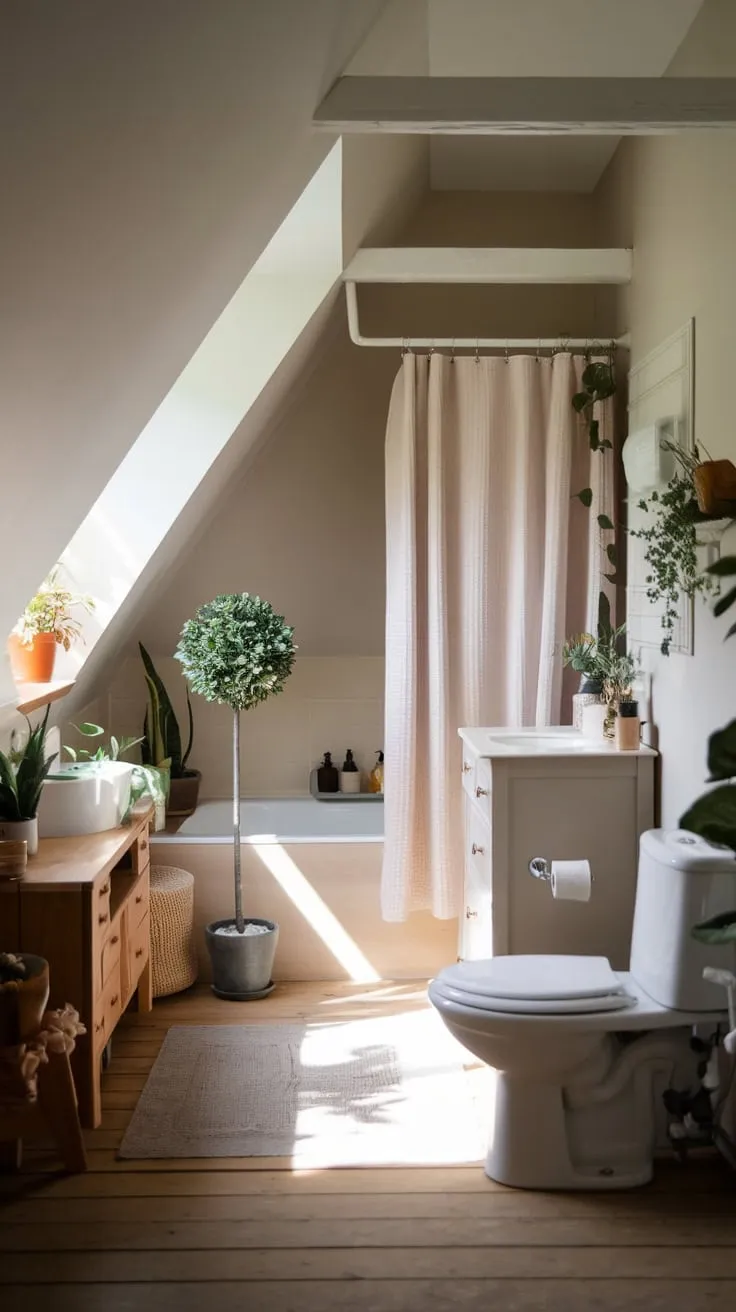 Imagine stepping into your attic bathroom, where the sloping ceiling creates an intimate and inviting space. The serene palette of warm neutrals and natural materials wraps around you like a comforting embrace, while the thoughtful design effortlessly blends comfort and style, transforming this once-forgotten space into a tranquil retreat designed for your ultimate relaxation.
