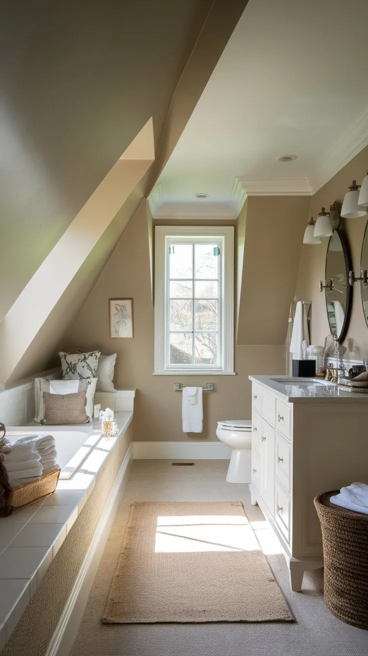 This attic bathroom with a slanted ceiling beautifully combines comfort and style, creating a serene retreat that feels both spacious and inviting.