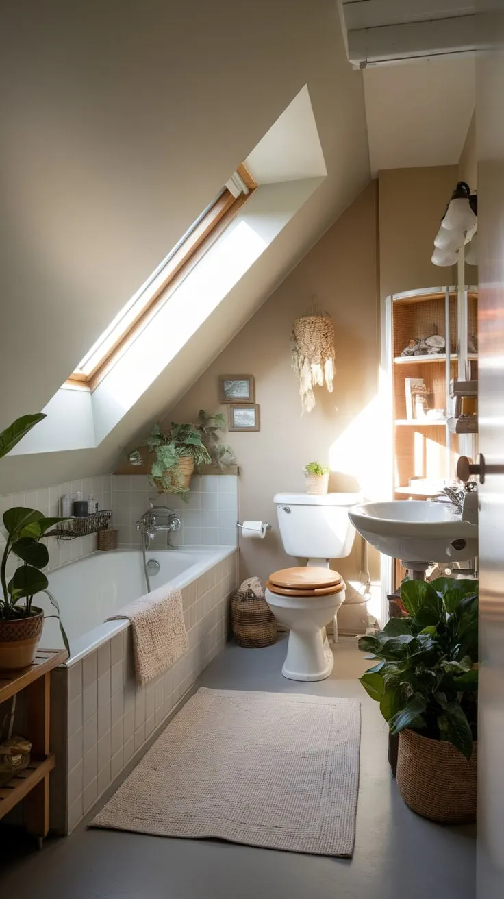 This charming attic bathroom with a slanted ceiling perfectly blends comfort and style, creating a serene retreat with its neutral tones and inviting decor.
