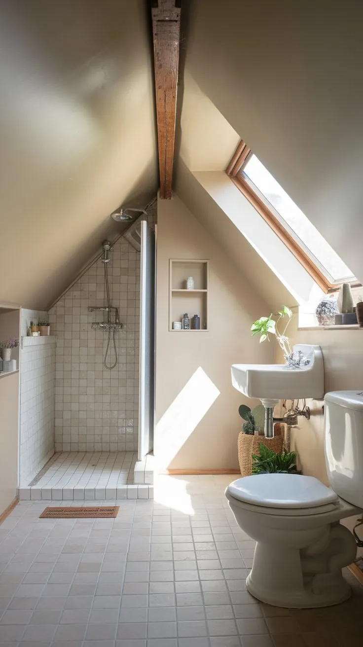 Beneath the eaves, your attic bathroom is a masterclass in cozy chic, where the sloping ceiling becomes a design statement, not a constraint, bathing the space in sunlight and transforming it into a tranquil haven.