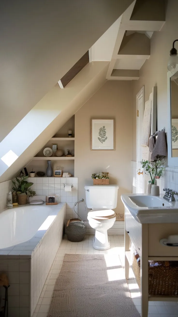 Beneath the eaves, your attic bathroom transforms into a sanctuary, where the sloping ceiling embraces you in a cocoon of comfort and style, a haven designed for serene relaxation and complete rejuvenation.