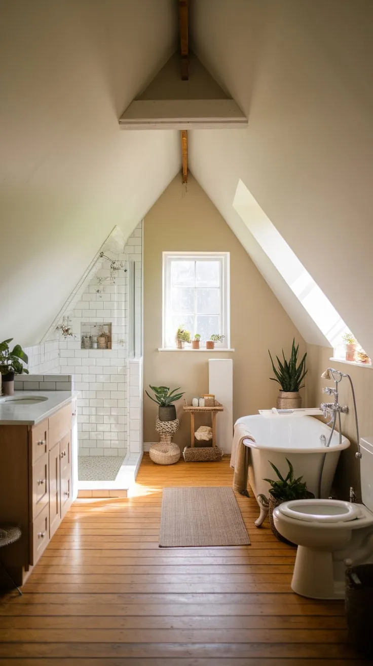 Imagine stepping into your attic bathroom, where the sloping ceiling adds a touch of whimsy to a space designed for both practicality and pampering; it's a sanctuary crafted to melt away stress and revitalize your senses.