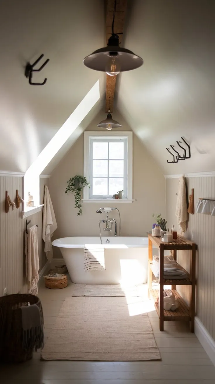 This attic bathroom with a slanted ceiling beautifully combines rustic charm and modern comfort, creating a serene retreat for relaxation.