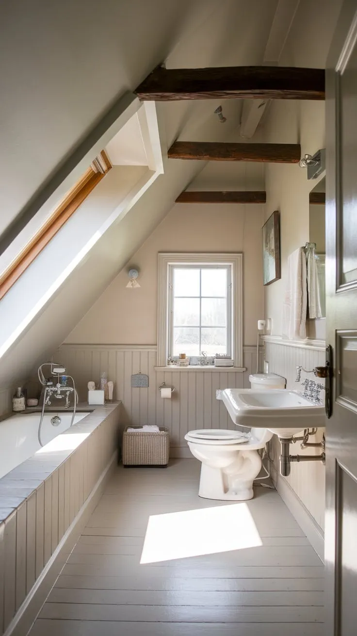Ascend to your attic bathroom, a masterclass in maximizing space, where the artfully angled ceiling adds character and the seamless blend of luxurious comfort and sophisticated style crafts a serene sanctuary you never expected.