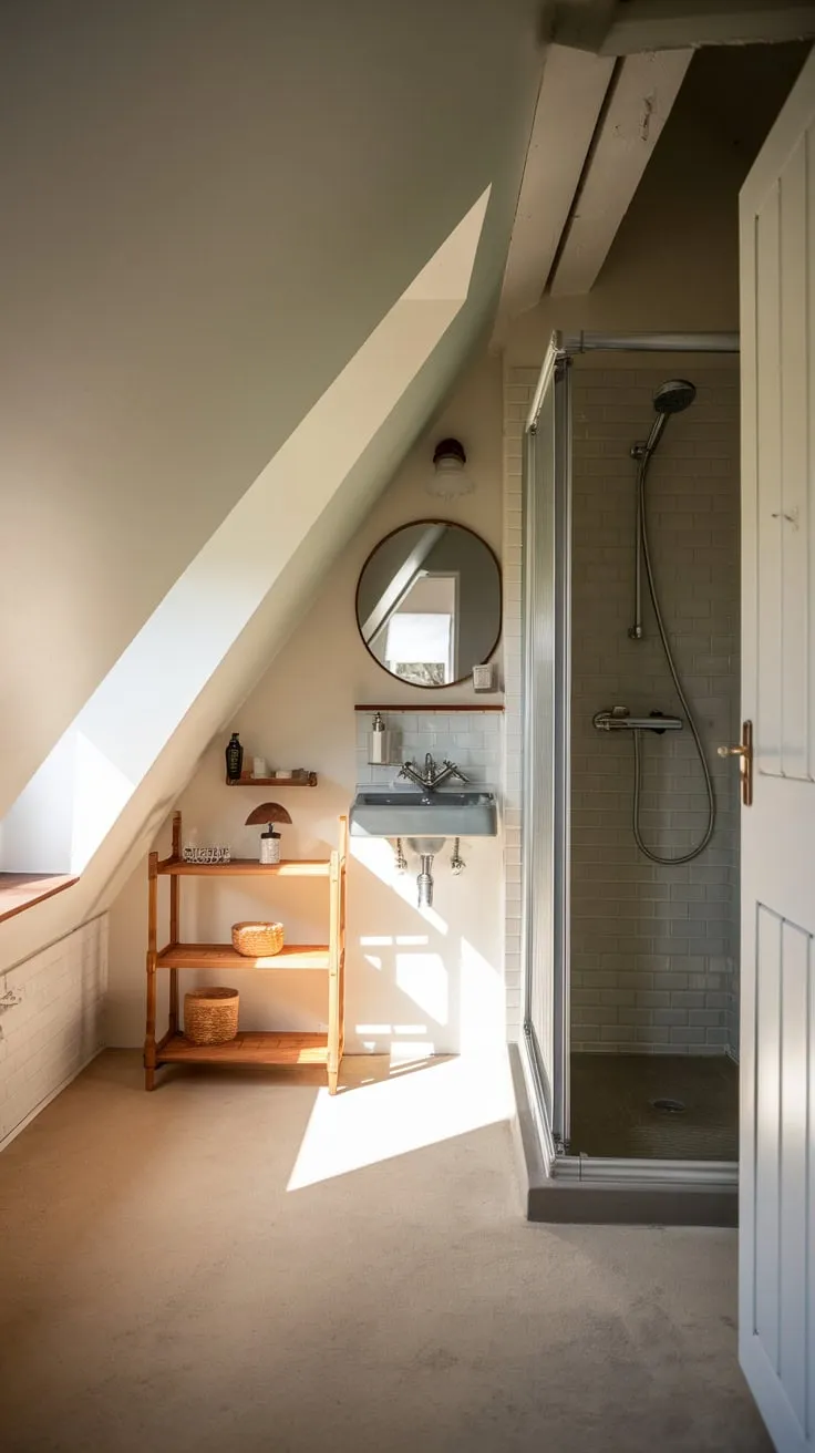 This charming attic bathroom with a slanted ceiling perfectly blends comfort and style, creating a serene retreat for relaxation.