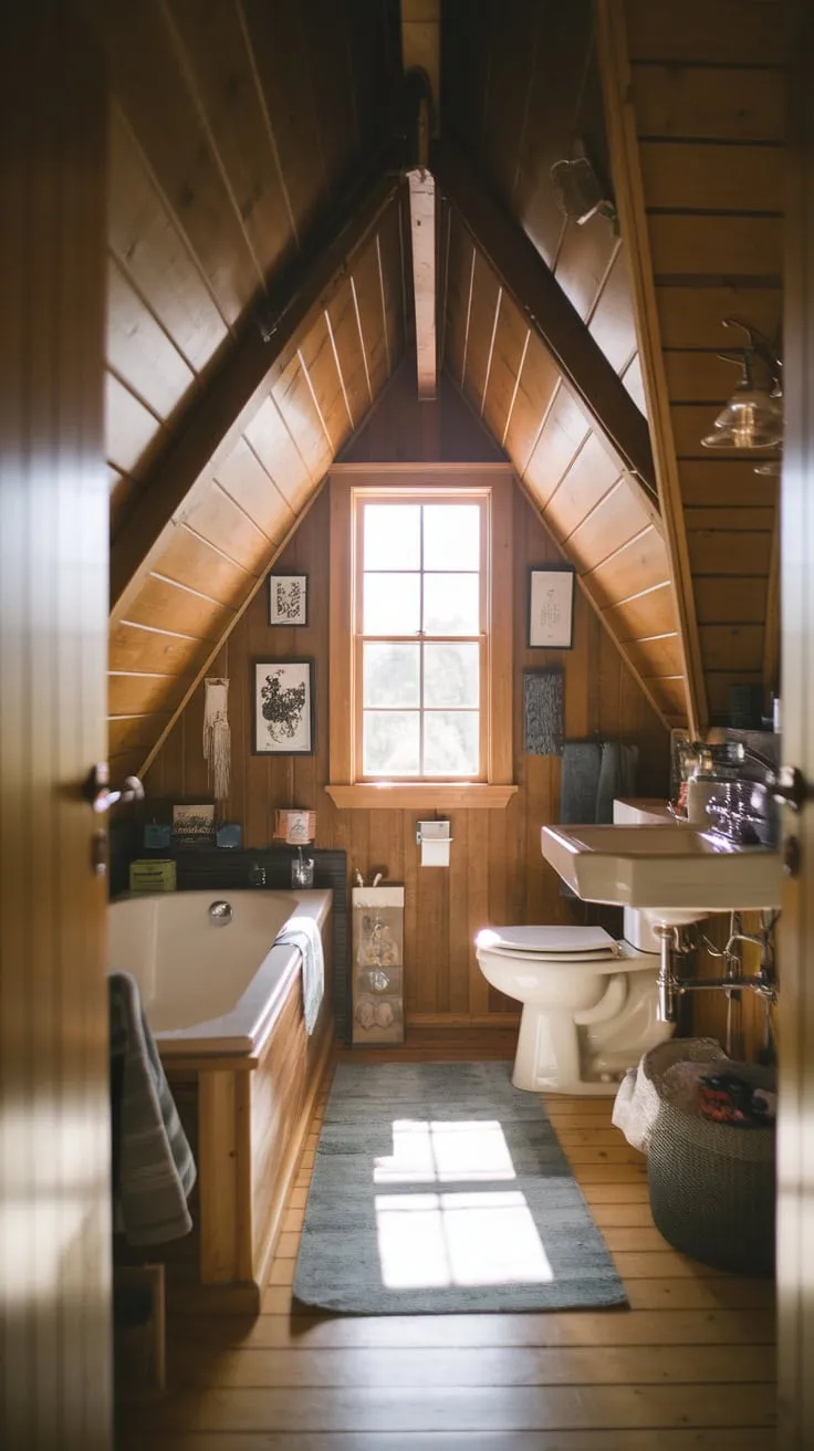 This beautiful attic bathroom with a slanted ceiling perfectly blends rustic elegance and functionality, creating a unique retreat for relaxation.