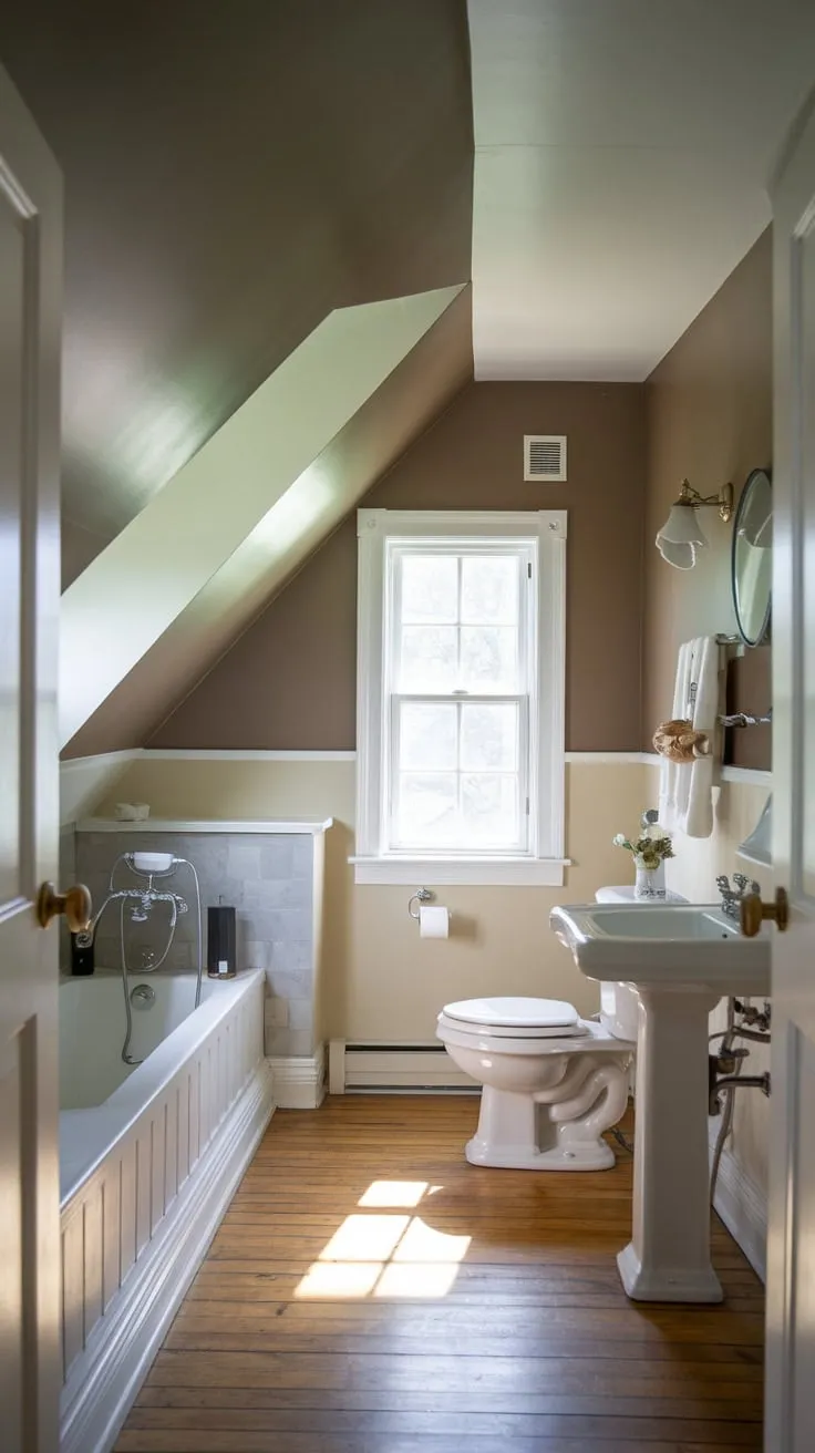 This attic bathroom with a slanted ceiling perfectly blends comfort and style, creating a serene retreat that maximizes space and light.
