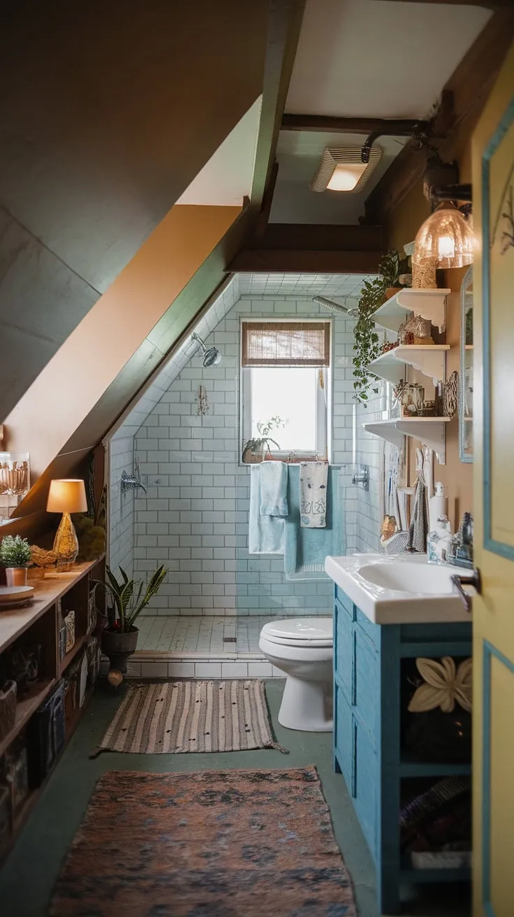 This cozy attic bathroom, nestled under a slanted ceiling, proves that even small spaces can be brimming with charm.  Clever attic bathroom storage solutions maximize functionality, while the warm attic bathroom lighting and unique attic bathroom design create a relaxing atmosphere.  This bathroom renovation attic project showcases ingenious slanted ceiling decor and offers inspiring attic bathroom ideas for anyone considering a bathroom under slanted roof.  The sloped ceiling bathroom feels surprisingly spacious thanks to thoughtful attic bathroom lighting and the strategic use of bathroom ceiling angles.