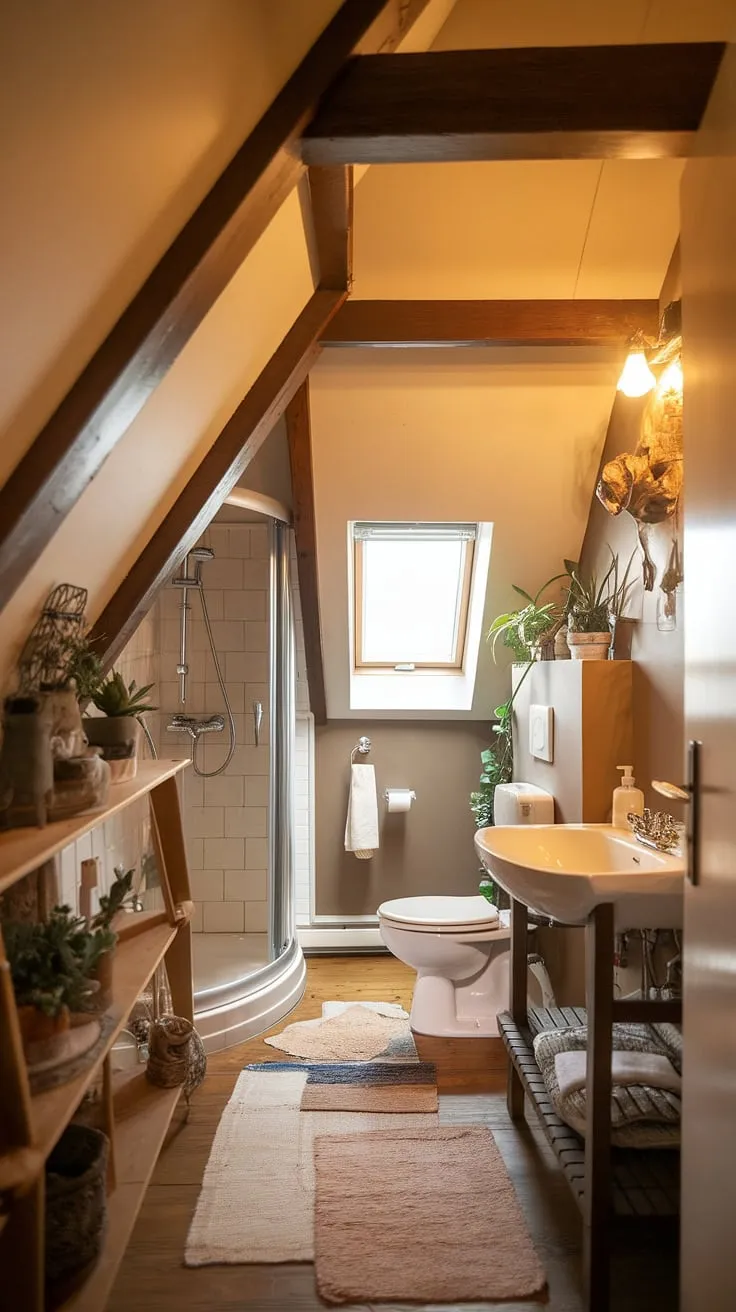 This cozy attic bathroom, a testament to clever attic bathroom design, maximizes space under the slanted ceiling.  The warm attic bathroom lighting highlights the unique attic bathroom features, including the sloped ceiling bathroom design and thoughtful attic bathroom storage solutions.  This small bathroom slanted ceiling space proves that even a bathroom under slanted roof can be both functional and stylish, offering inspiring attic bathroom ideas for your own bathroom renovation attic project.  The slanted ceiling decor perfectly complements the bathroom with sloped ceiling, creating a truly unique attic bathroom.  Note the clever use of bathroom ceiling angles.