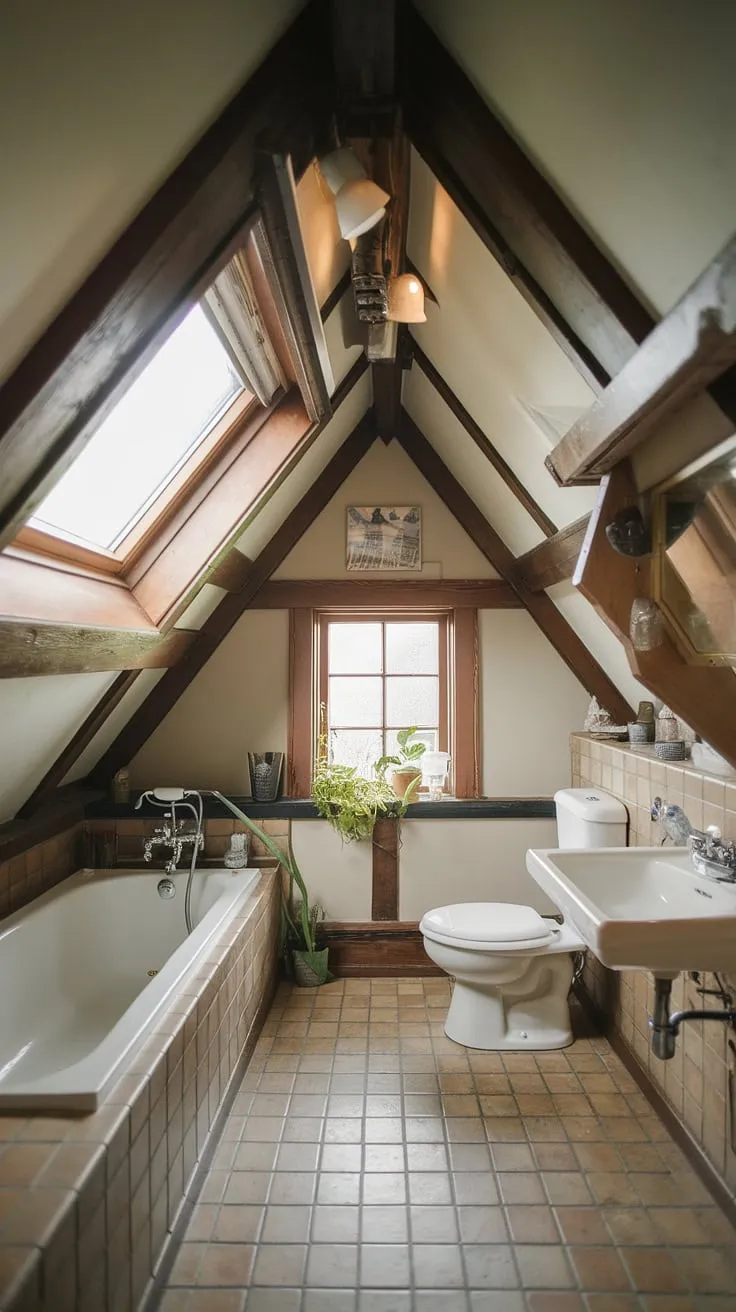 Escape to this tranquil bathroom under slanted roof.  The sloped ceiling bathroom design, featuring exposed wooden beams and a strategically placed skylight, creates an intimate and inviting atmosphere. This small bathroom slanted ceiling space is a masterclass in attic bathroom design, demonstrating how to maximize functionality and style in a unique attic bathroom.  The bathroom with sloped ceiling showcases clever attic bathroom storage and thoughtful bathroom ceiling angles, resulting in a truly cozy attic bathroom that's brimming with character.  This attic space bathroom is a perfect example of slanted ceiling decor done right.
