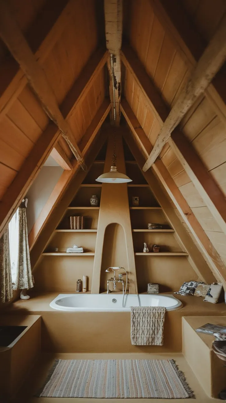 Transforming this attic space bathroom into a haven of tranquility was a dream come true.  The slanted ceiling decor, featuring exposed wooden beams and strategic attic bathroom lighting, creates a warm and inviting atmosphere.  This small bathroom slanted ceiling design proves that even limited space can accommodate a luxurious bathtub and ample attic bathroom storage.  The bathroom ceiling angles are cleverly incorporated into the overall attic bathroom design, resulting in a cozy attic bathroom that's both functional and aesthetically pleasing. This bathroom with sloped ceiling is a perfect example of how to make the most of a sloped ceiling bathroom.