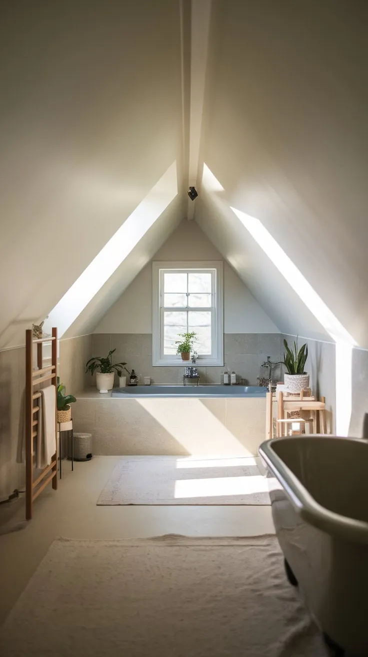 This attic bathroom with a slanted ceiling exudes a cozy charm, perfectly blending neutral tones and thoughtful decor to create a serene retreat.