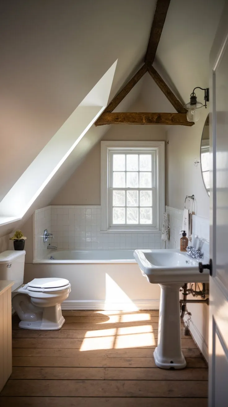 This attic bathroom with a slanted ceiling beautifully combines cozy charm and modern simplicity, making it a perfect retreat for relaxation.