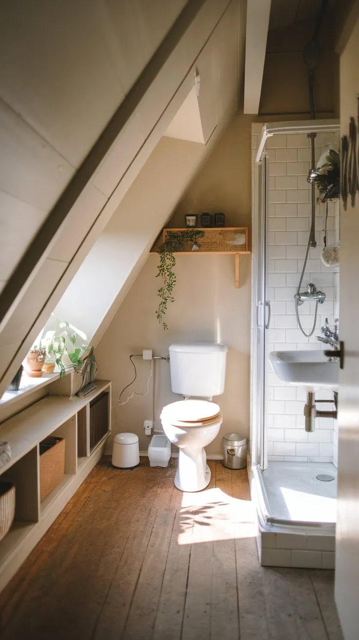 Imagine stepping into your attic bathroom, where the sloping ceiling adds a touch of whimsical charm. The space wraps you in a cocoon of warmth, seamlessly blending practicality with an undeniable sense of style, transforming it into a tranquil sanctuary you'll never want to leave.