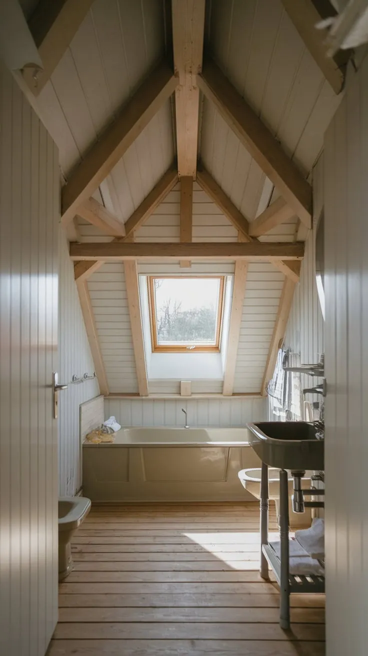This beautiful attic bathroom with a slanted ceiling perfectly blends rustic wood accents with a serene neutral palette, creating an inviting space for relaxation.